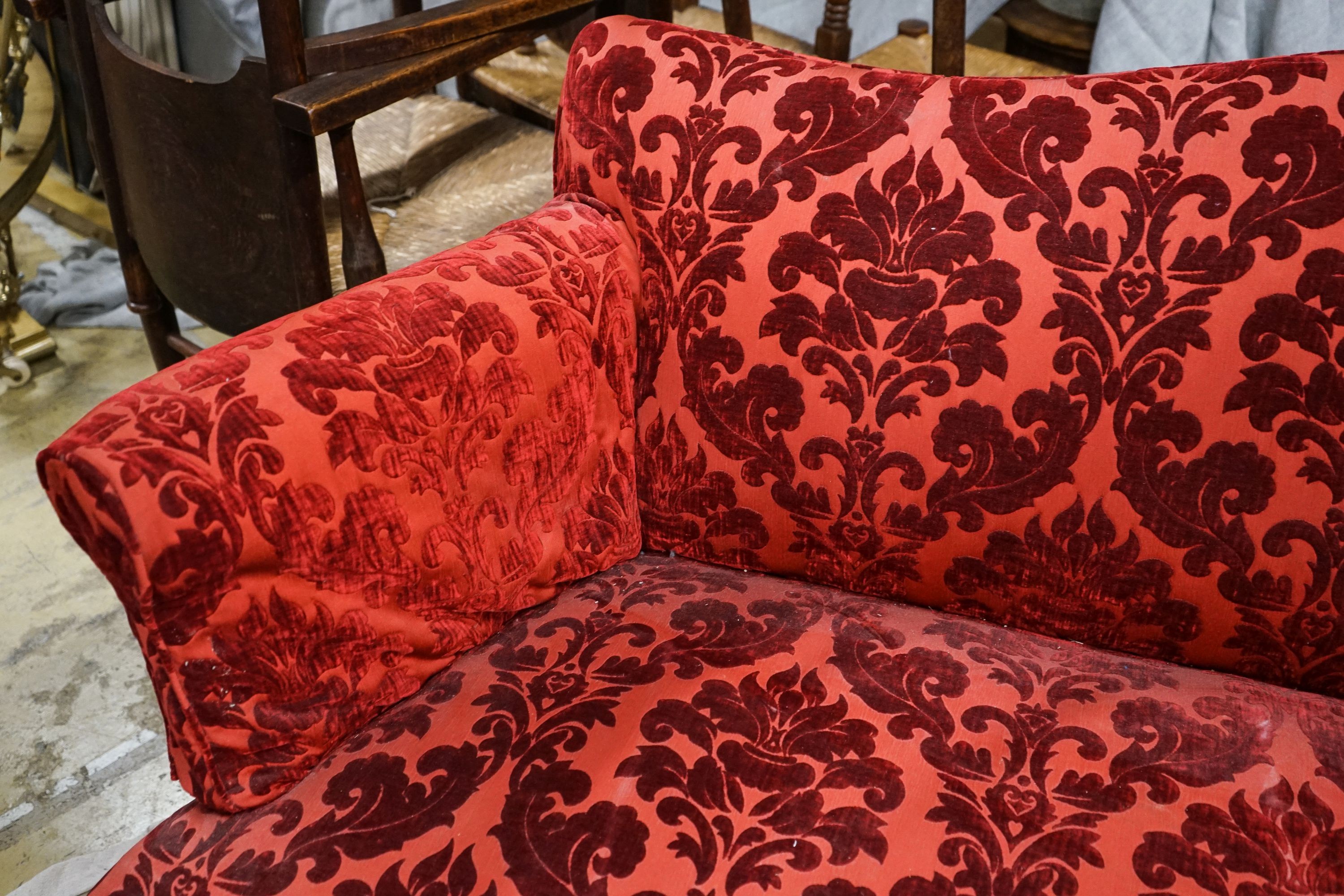 A George III upholstered settee, length 170cm, depth 70cm, height 83cm
